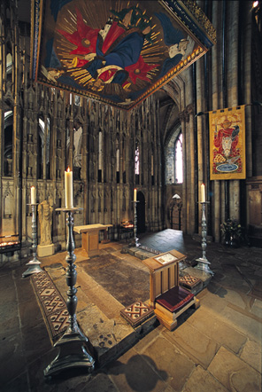 The shrine of St Cuthbert today. Until the reformation in the mid-sixteenth century, the coffin of St Cuthbert would have been placed quite high off the ground.